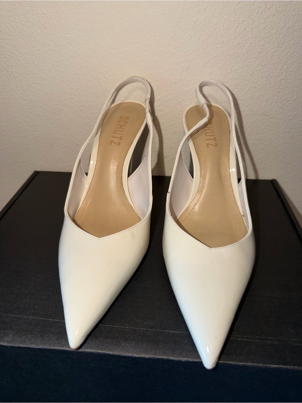 SCHUTZ Ivory Patent Slingback Pointed Toe Heels - Picture 2 of 10